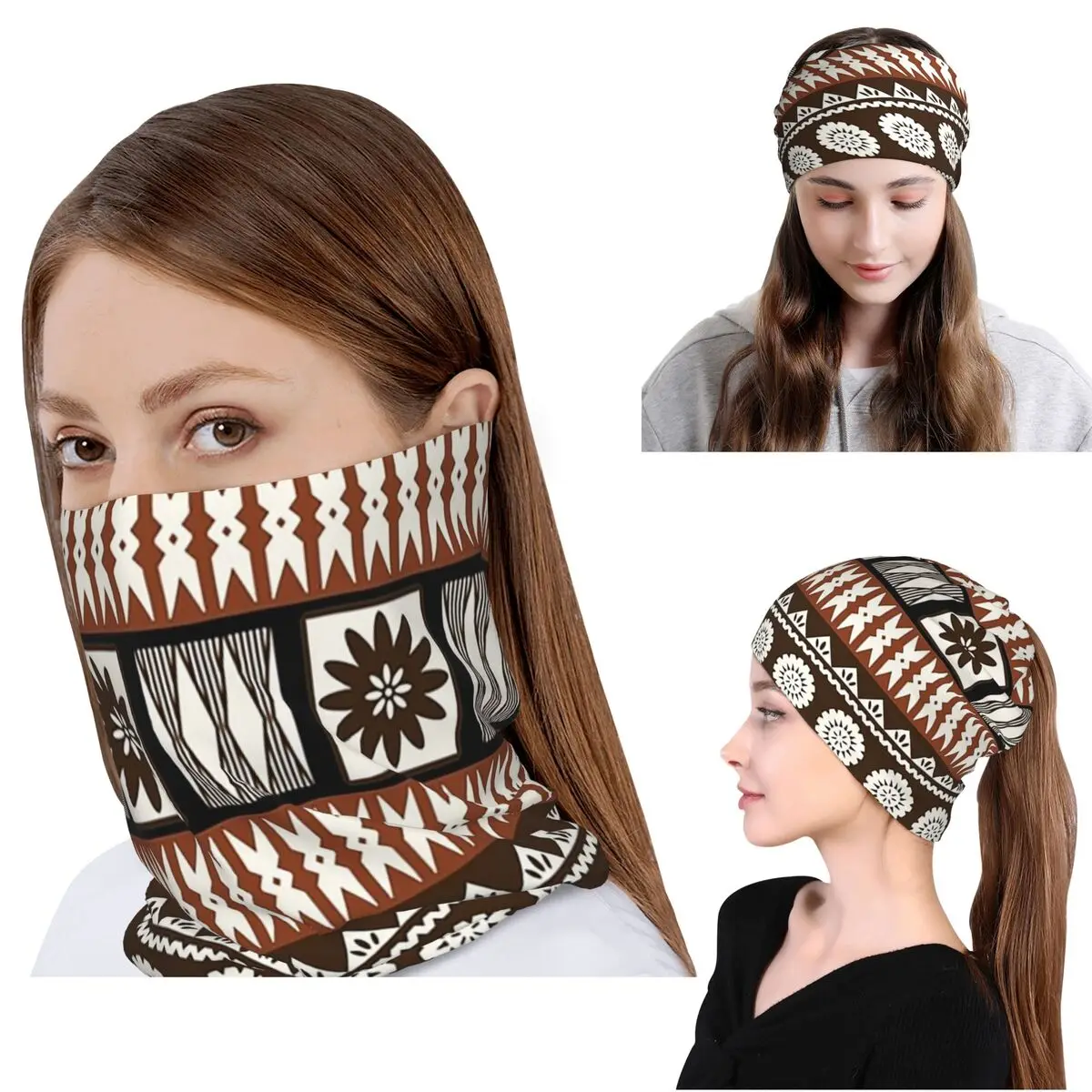 Knit Beanie Hat Warm - Fijian Masi - Tapa Bandana Neck